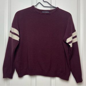 Brandy Melville Burgundy Crew Neck Sweater with Striped Sleeves One Size